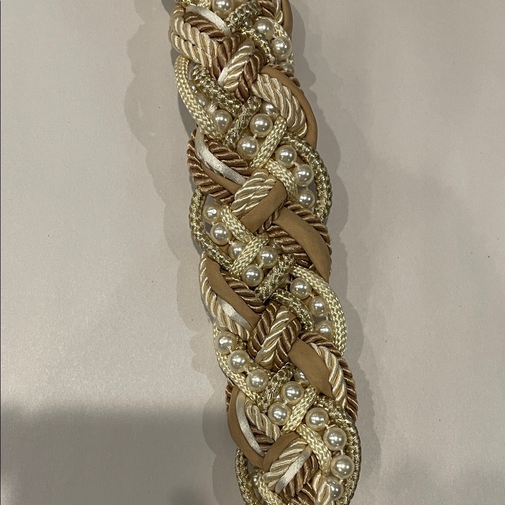 Vintage Braided Rope Belt with Hook Closure – Gold & Ivory Beaded Boho Accessory